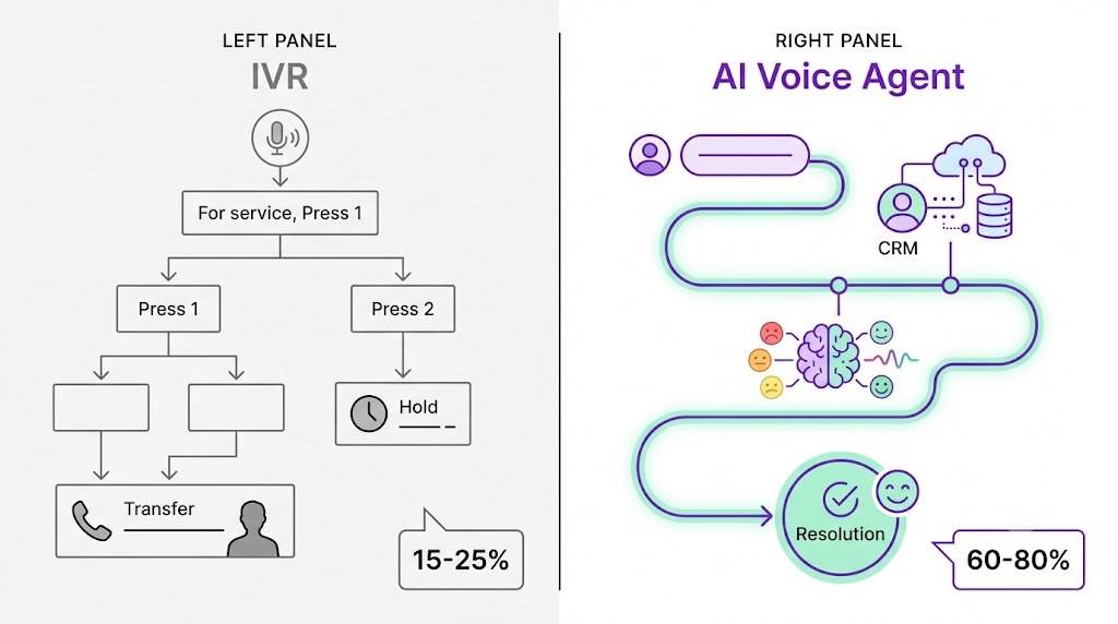 Diagram comparing IVR rigid script vs AI voice agent real-time conversation flow and resolution rates