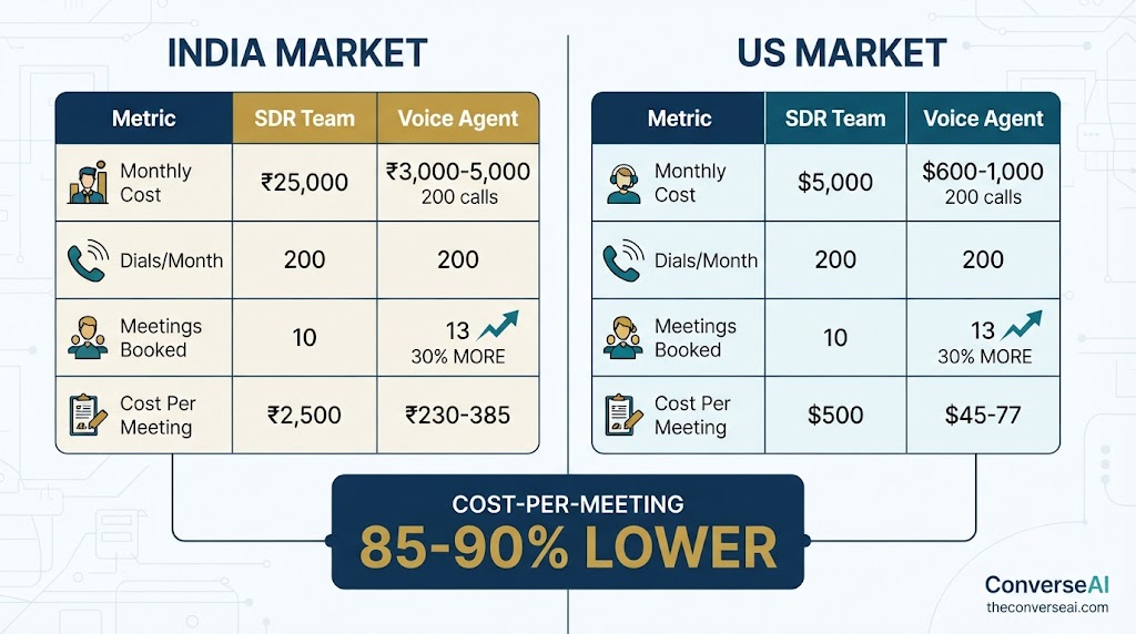 Comparison table: SDR team vs voice agent — dials, meetings booked, and cost per meeting for India and US markets